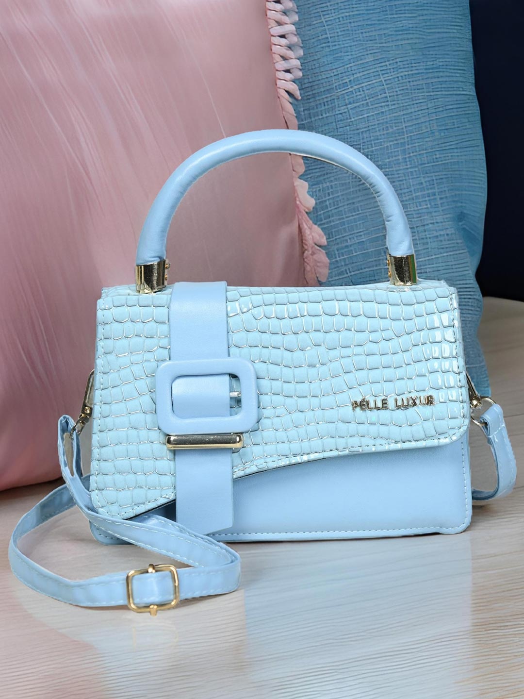 

PELLE LUXUR Women Textured Swagger Satchel Bag, Blue