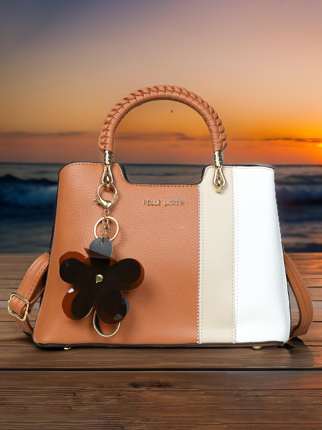 

PELLE LUXUR Women Colourblocked Structured Handheld Bag, Brown