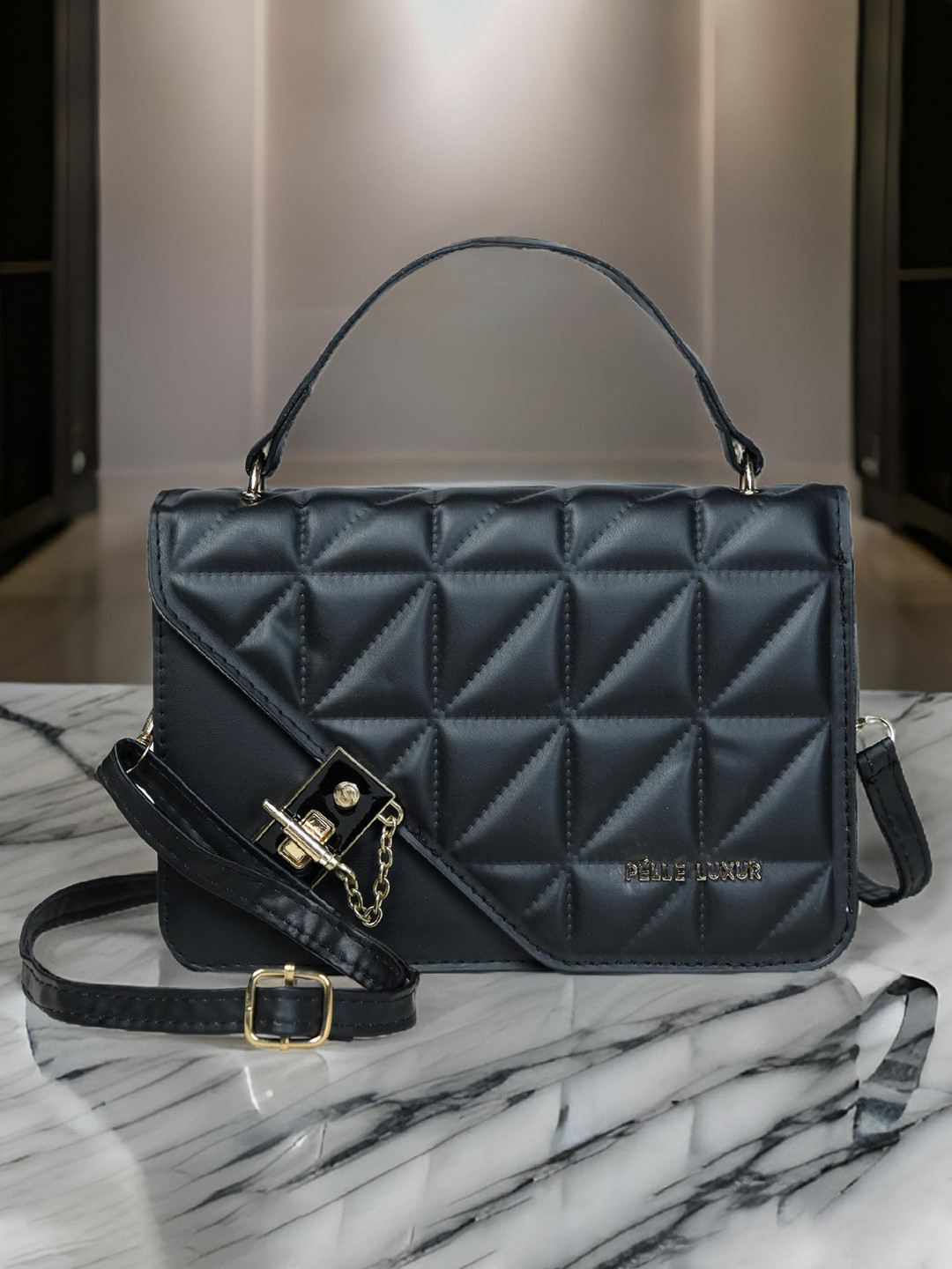 

PELLE LUXUR Women Textured Structured Satchel Bag, Black