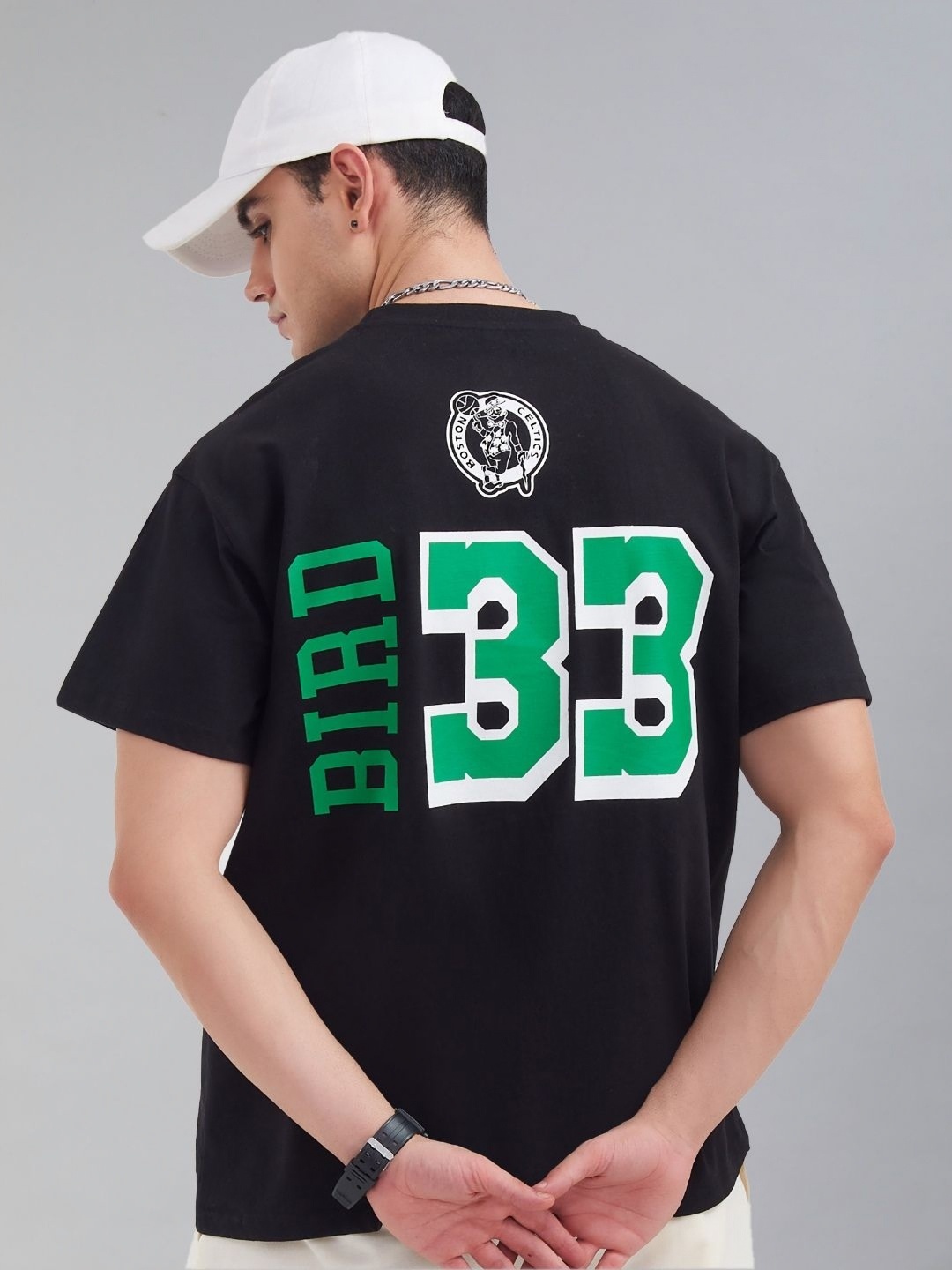NBA Men Graphic Printed Round Neck Cotton Oversized T-shirt, Black