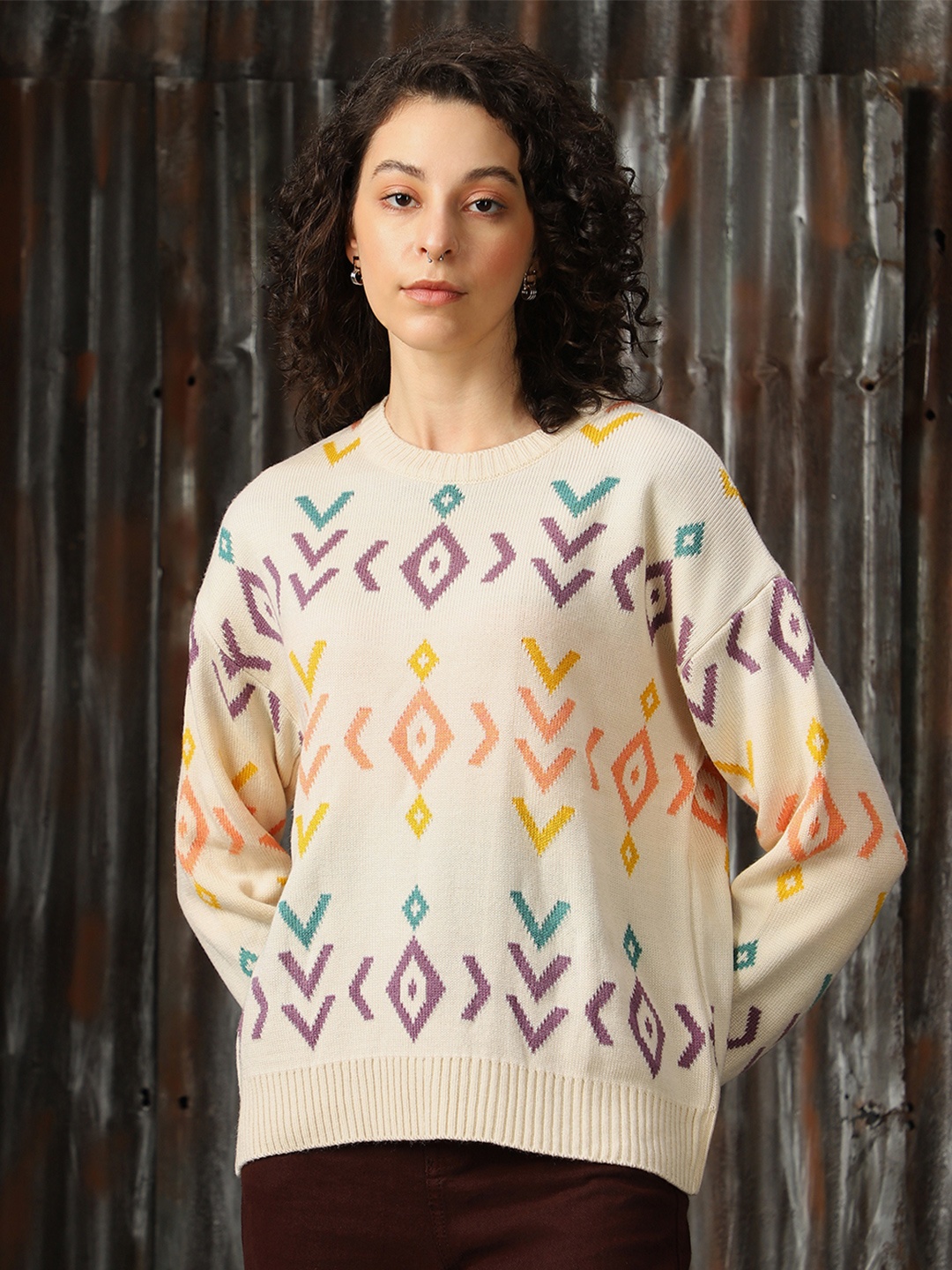 

High Star Women Abstract Pattern Round Neck Boxy Fit Pullover, Cream