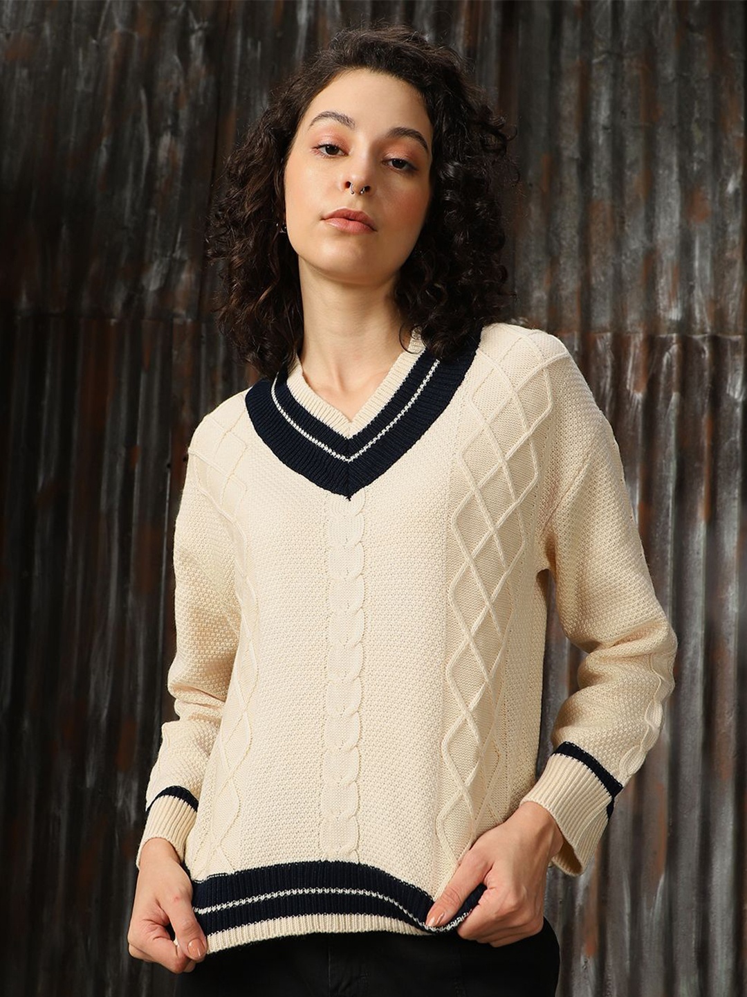 

High Star Women V Neck Varsity Cable Knit Pullover, Cream