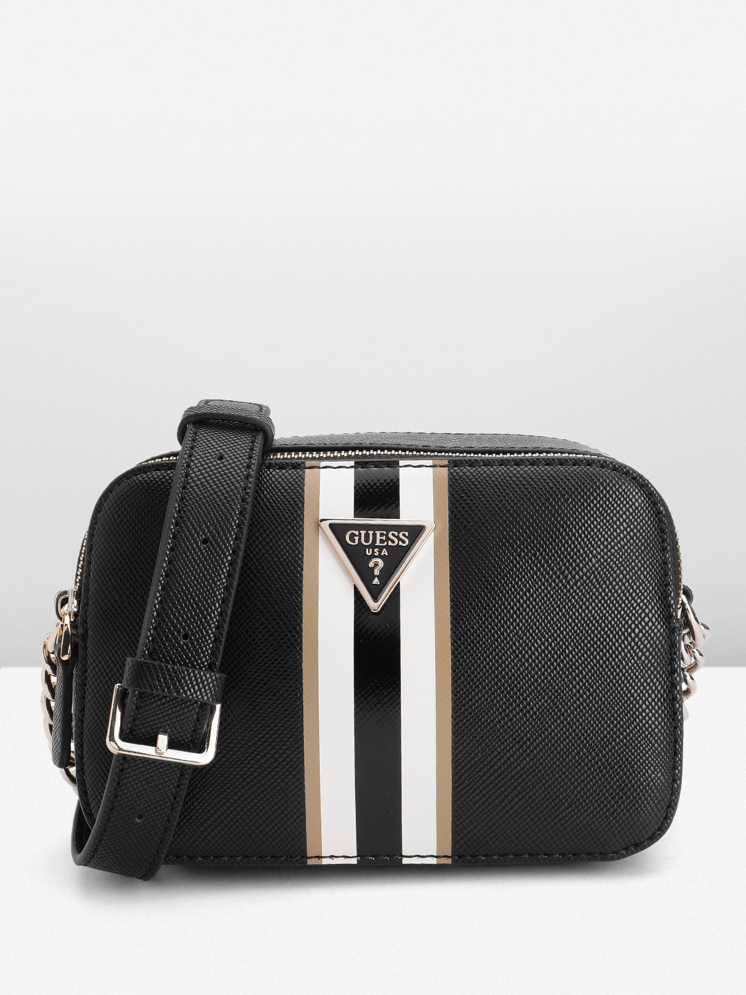 

GUESS PU Textured Structured Sling Bag, Black