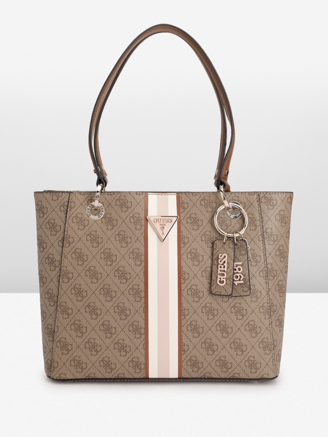 

GUESS Women Brand Logo Printed Structured Shoulder Bag, Brown