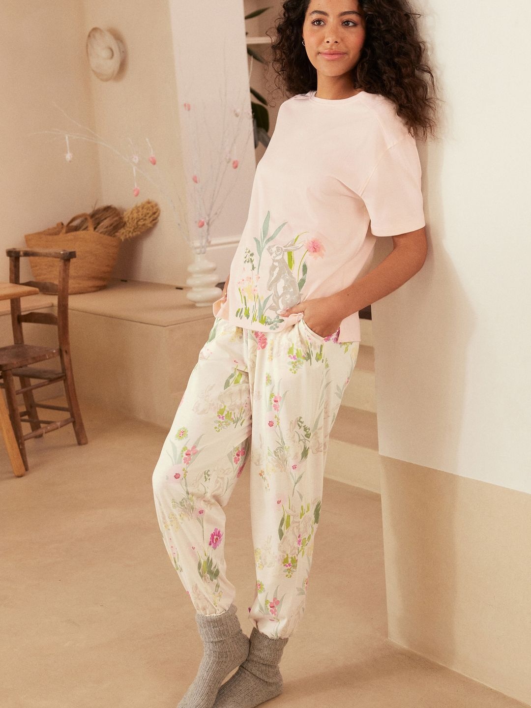 

NEXT Floral Printed T-Shirt With Trousers Pure Cotton Night Suits, Pink