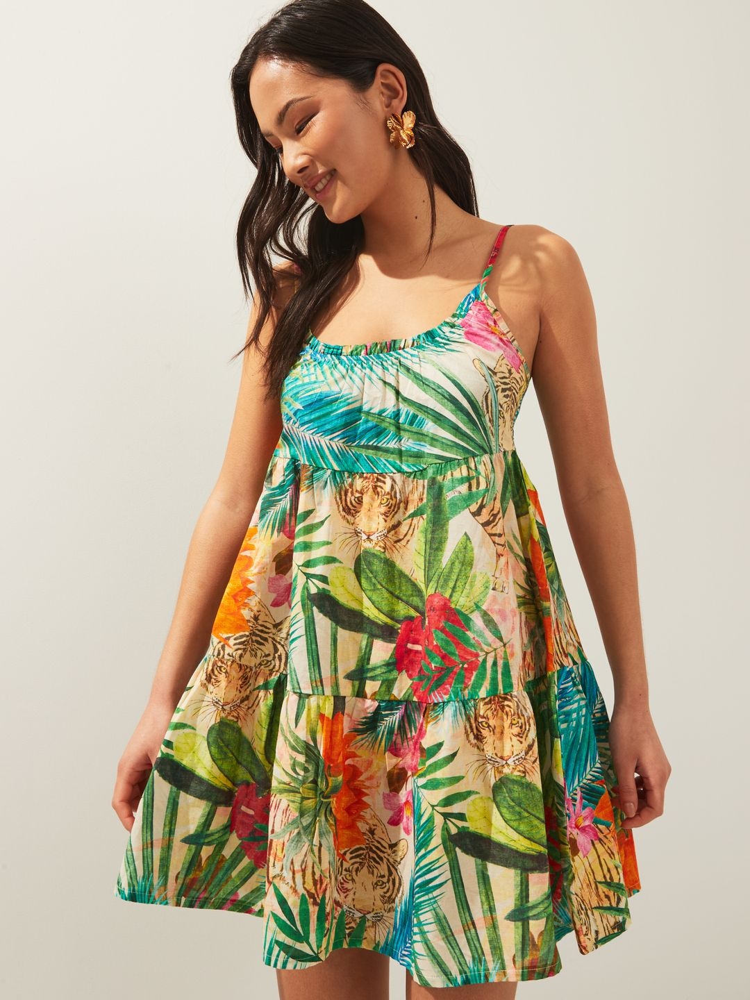 

NEXT Pure Cotton Tropical Print A-Line Mini Dress, Green