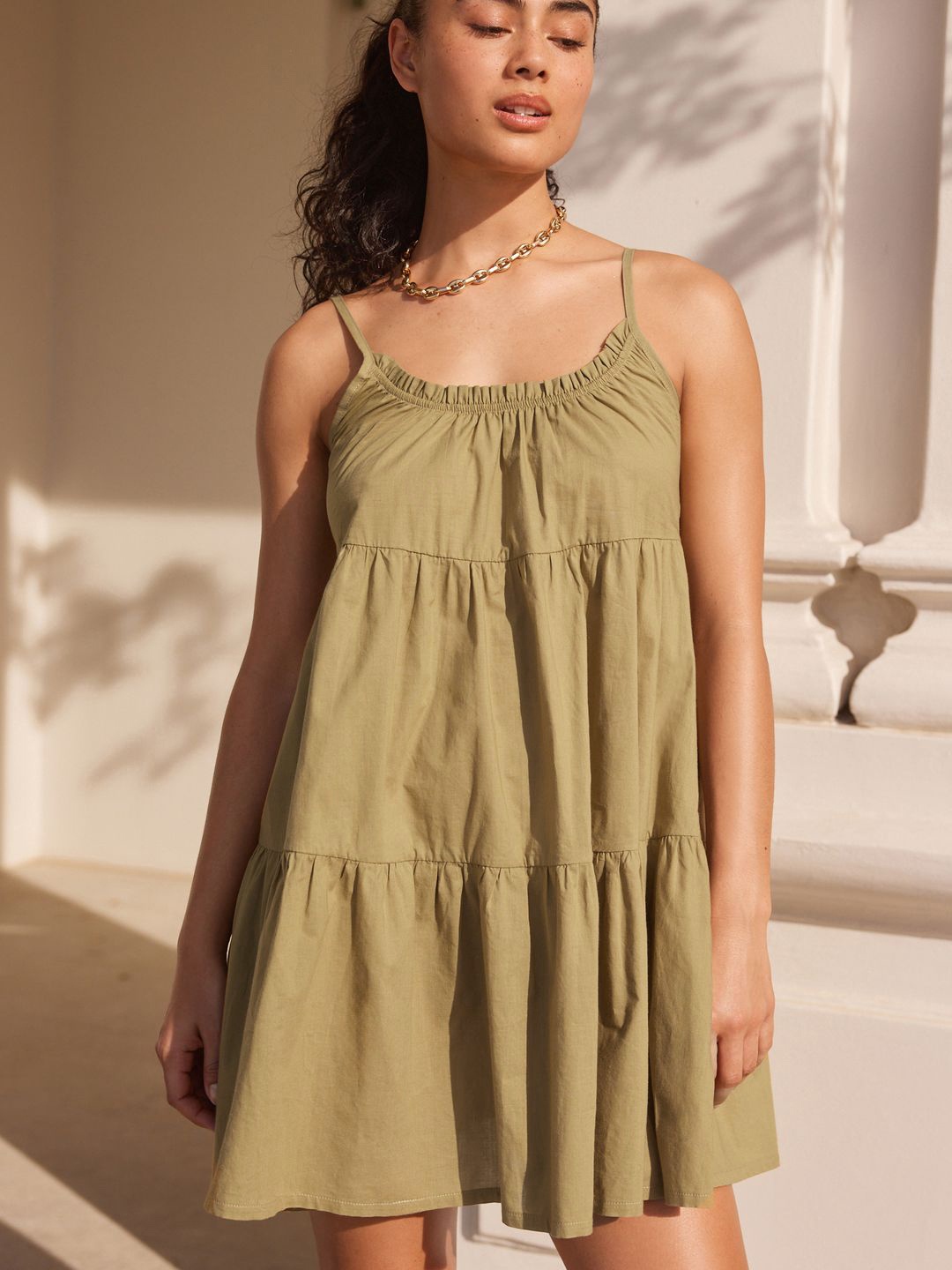 

NEXT Pure Cotton Shoulder Straps Gathers A-Line Tiered Mini Dress, Green