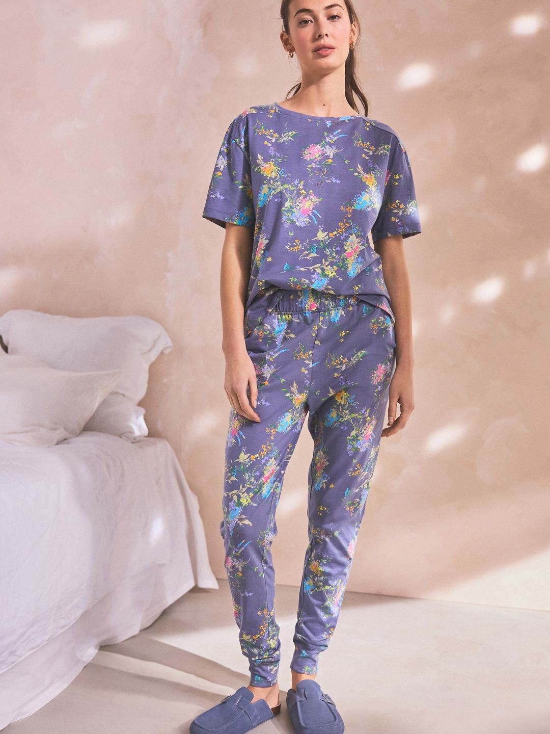 

NEXT Floral Printed T-Shirt With Joggers Pure Cotton Night Suits, Lavender