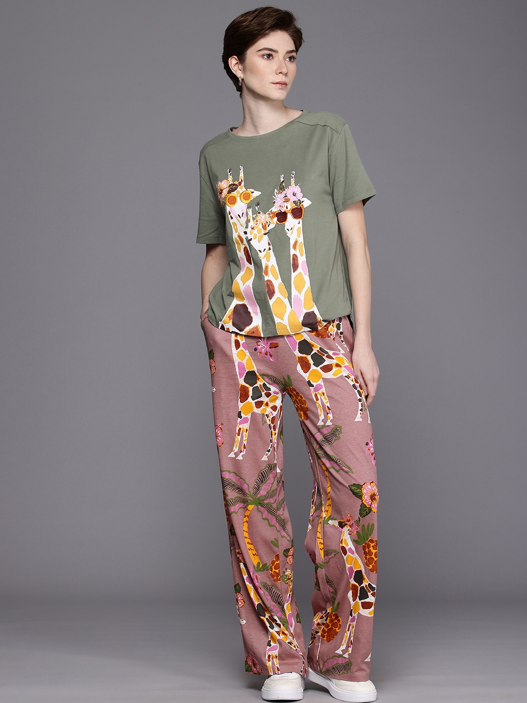 

NEXT Pure Cotton Printed T-shirt With Trousers Co-Ords, Green