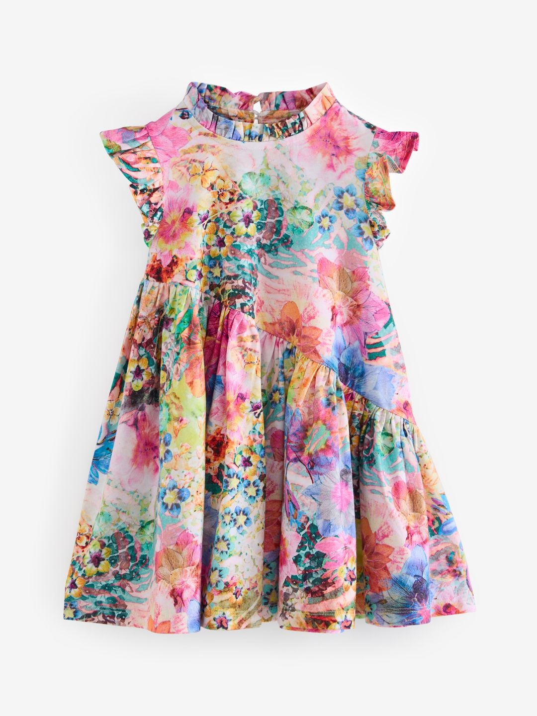 

NEXT Girls Floral Print Pure Cotton Flutter Sleeve Fit & Flare Dress, Pink