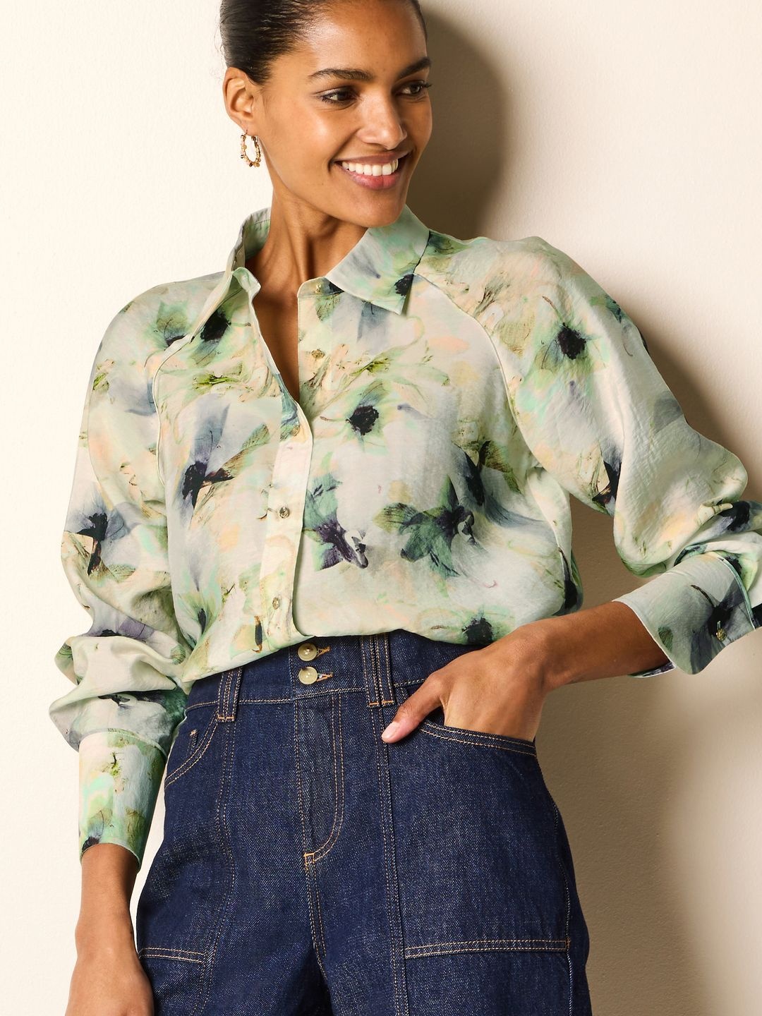 

NEXT Floral Printed Raglan Sleeves Opaque Casual Shirt, Green
