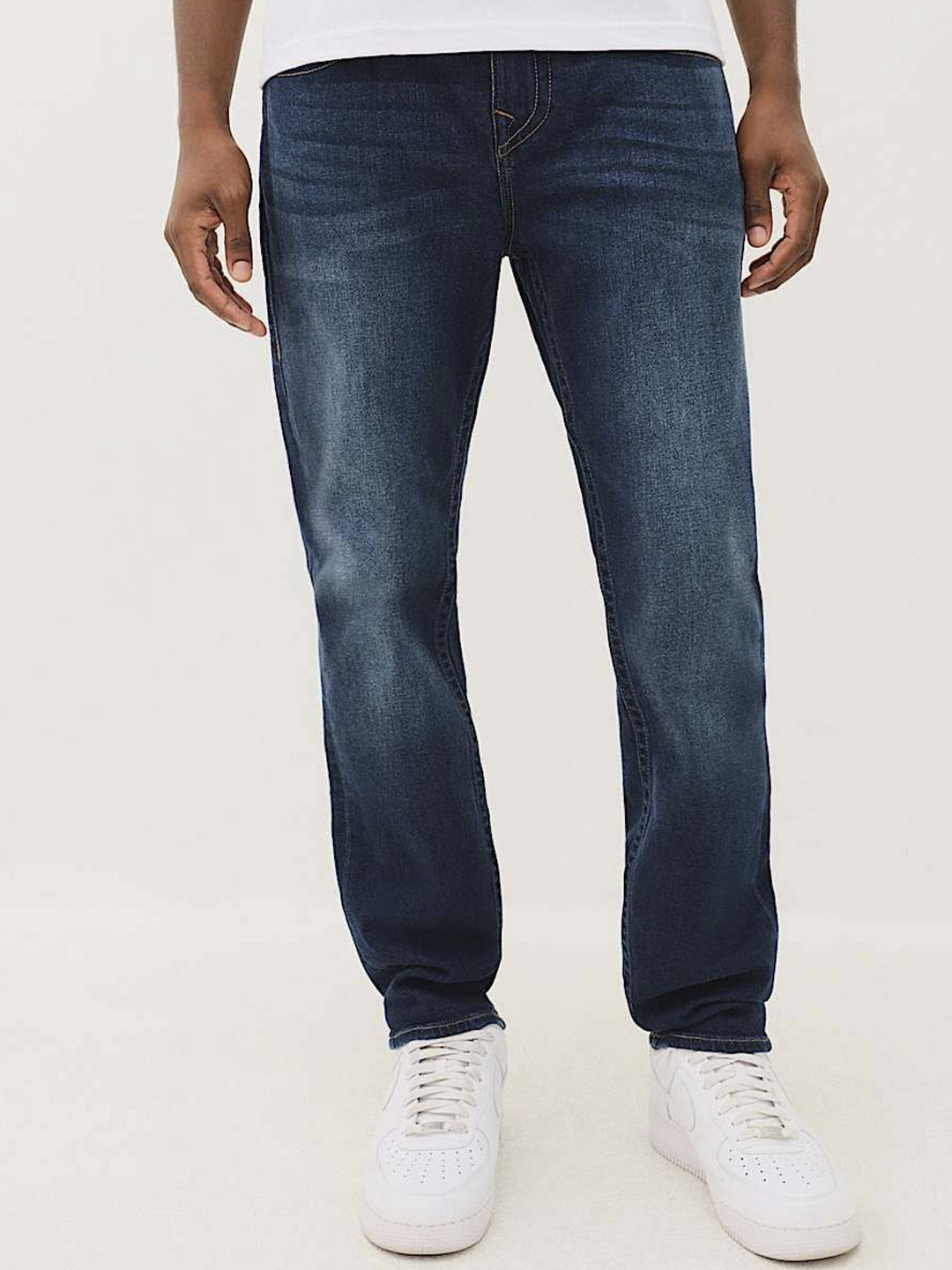 

True Religion Men Cotton Mid-Rise Clean Look Slim Fit Whiskers and Chevrons Jeans, Blue