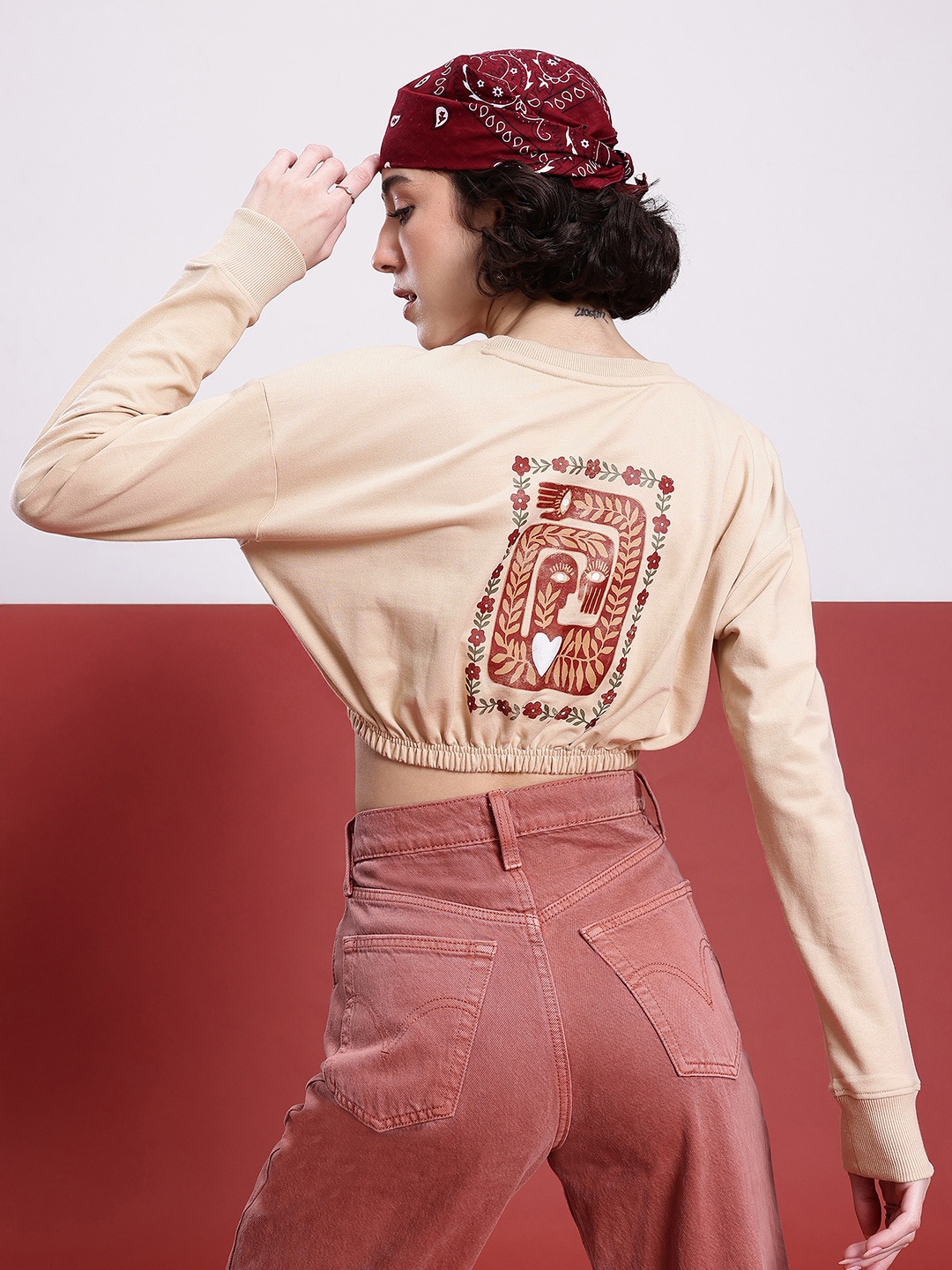 

DressBerry Indie Spirit Printed Cropped Sweatshirt, Beige