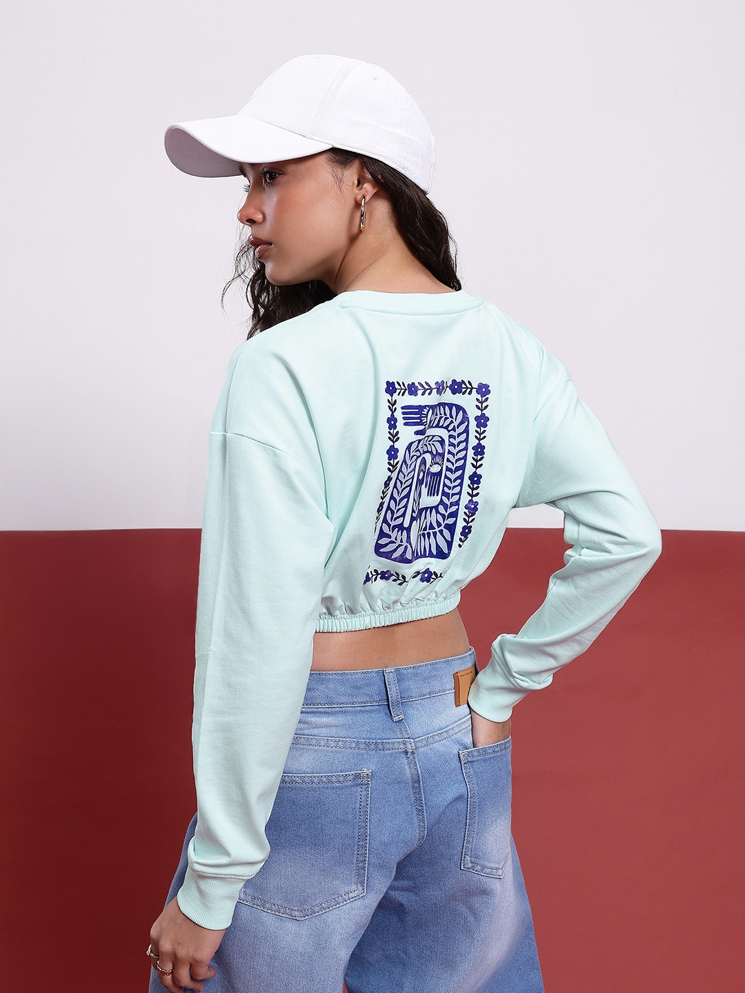 

DressBerry Indie Charm Printed Cropped Sweatshirt, Blue