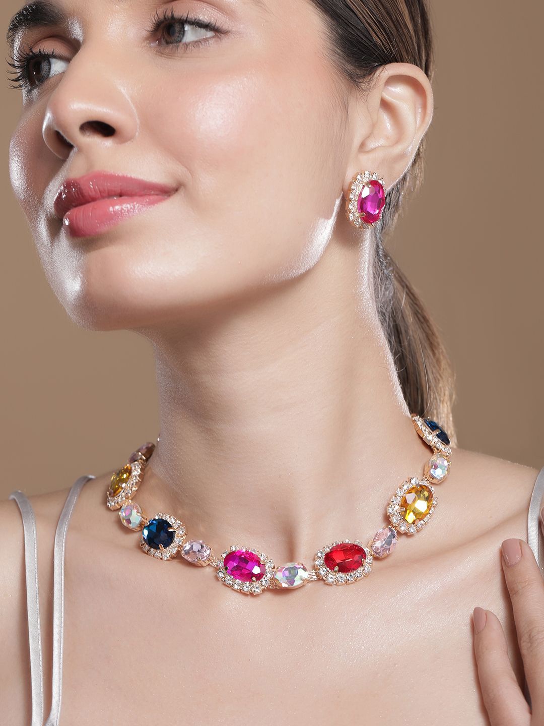 

Rubans 18K Gold Plated Crystal AD & Zirconia Studded Jadau Statement Necklace Set