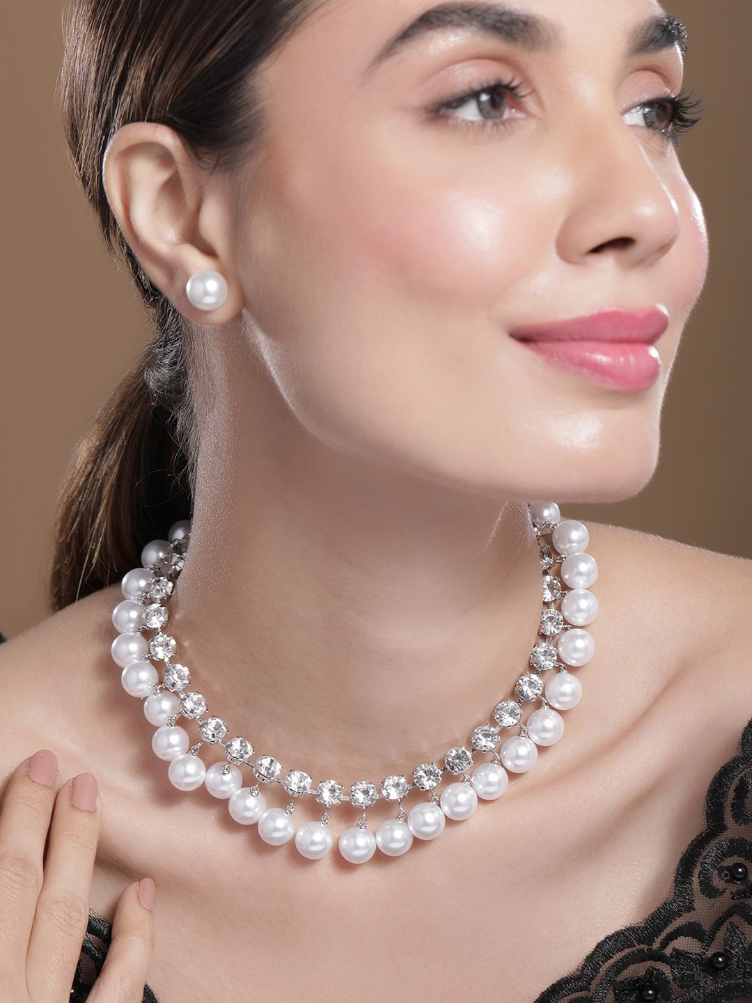 

Rubans Rhodium Plated Luxurious Pearl & Zirconia Studded Statement Necklace Set, Silver