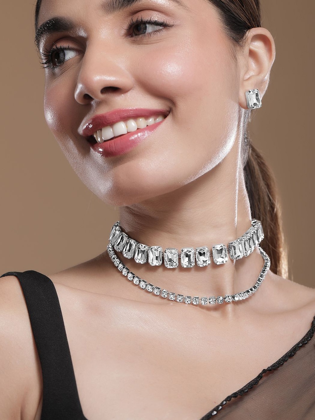 

Rubans Rhodium Plated Crystal AD & Cubic Zirconia Studded Necklace Set, Silver