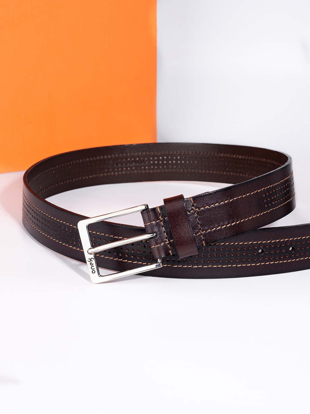 One8 Men Virat Kohli Perforated Premium Leather Belt for Men with Buckle, Brown