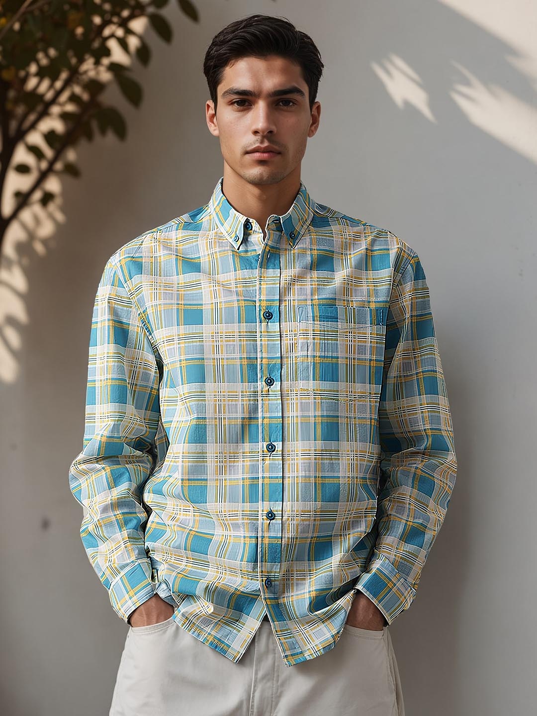 

H&M Full Sleeve Cotton Plaid Shirt, Blue