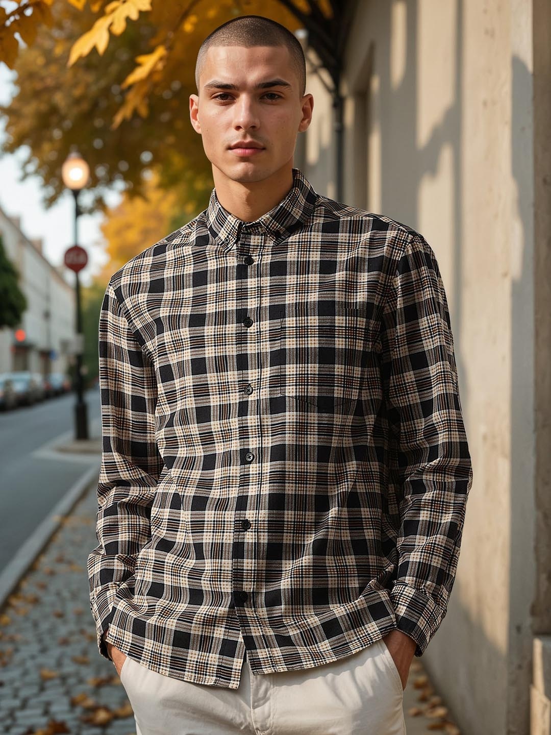 

H&M Full Sleeve Cotton Plaid Shirt, Black