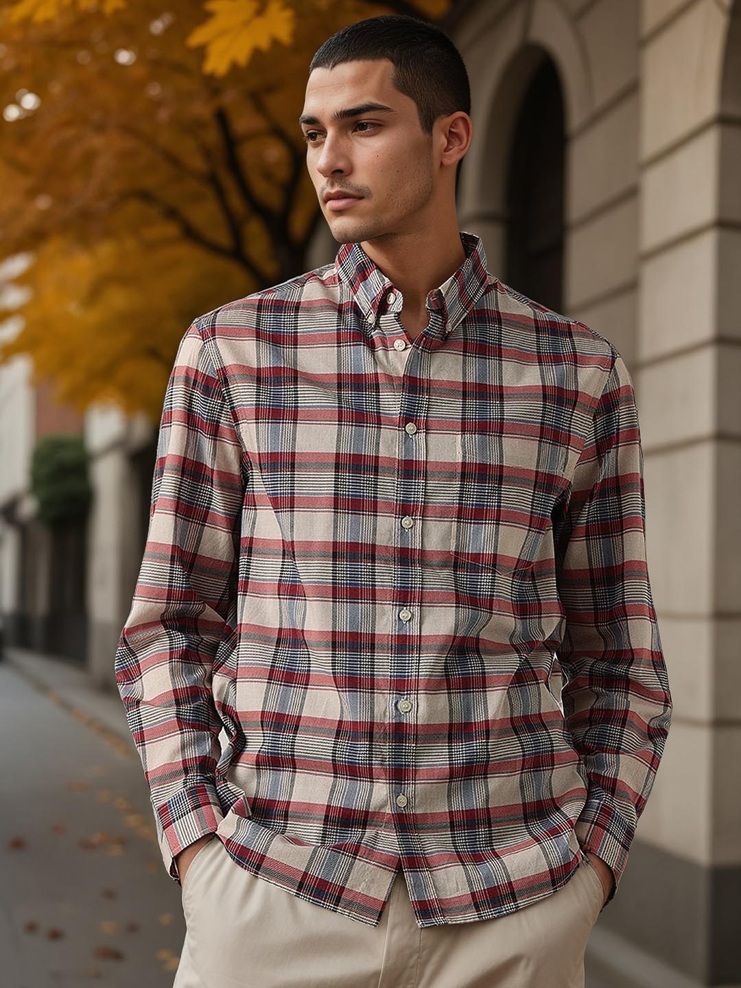 

H&M Full Sleeve Cotton Plaid Shirt, Red