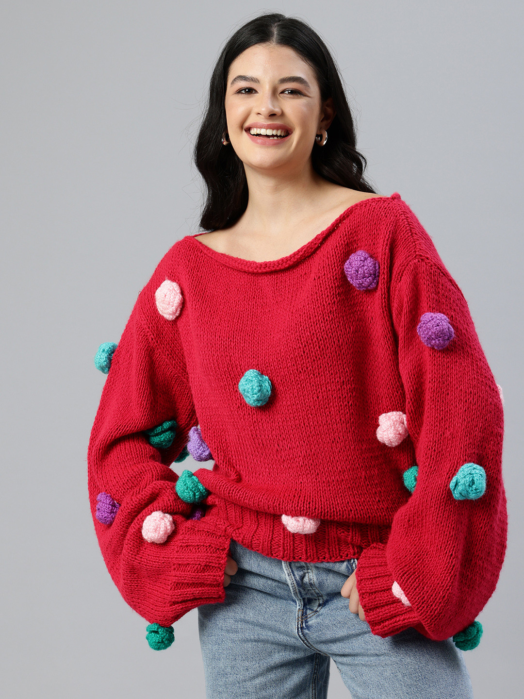 

Magic Needles Floral Pullover with Embellished Detail, Red