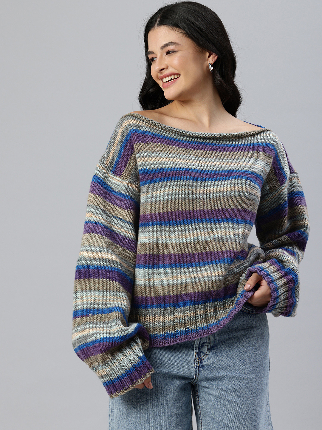 

Magic Needles Women Striped Pullover, Grey