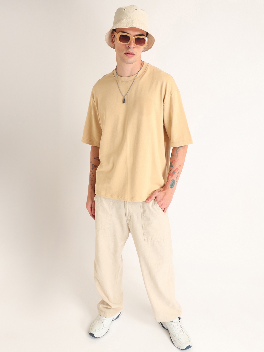 

Weezy Men Bio Finish Solid Round Neck Pure Cotton Oversized T-shirt, Beige