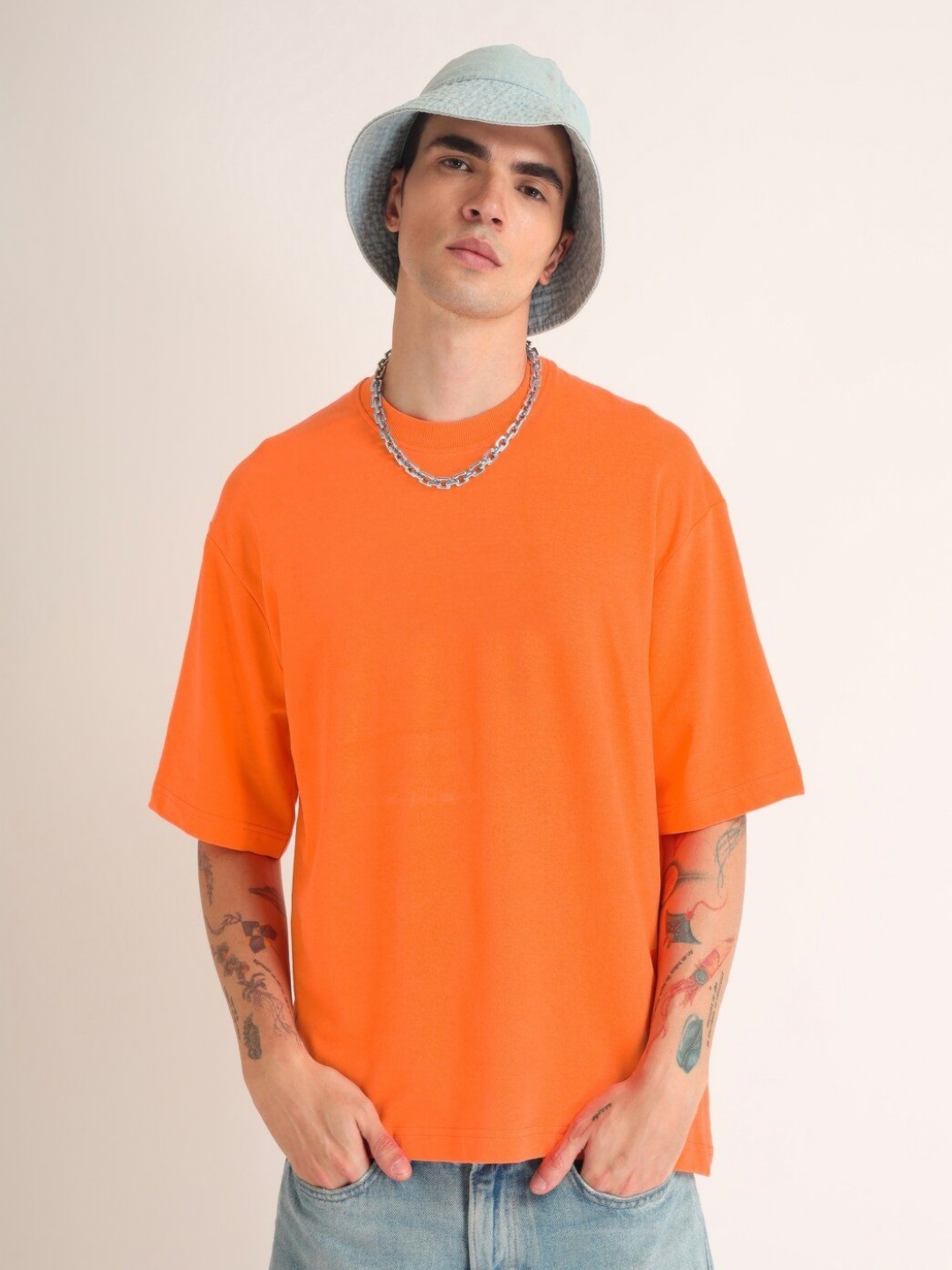 

Weezy Men Cotton Round Neck Half Sleeve Solid Oversized T-shirt, Orange