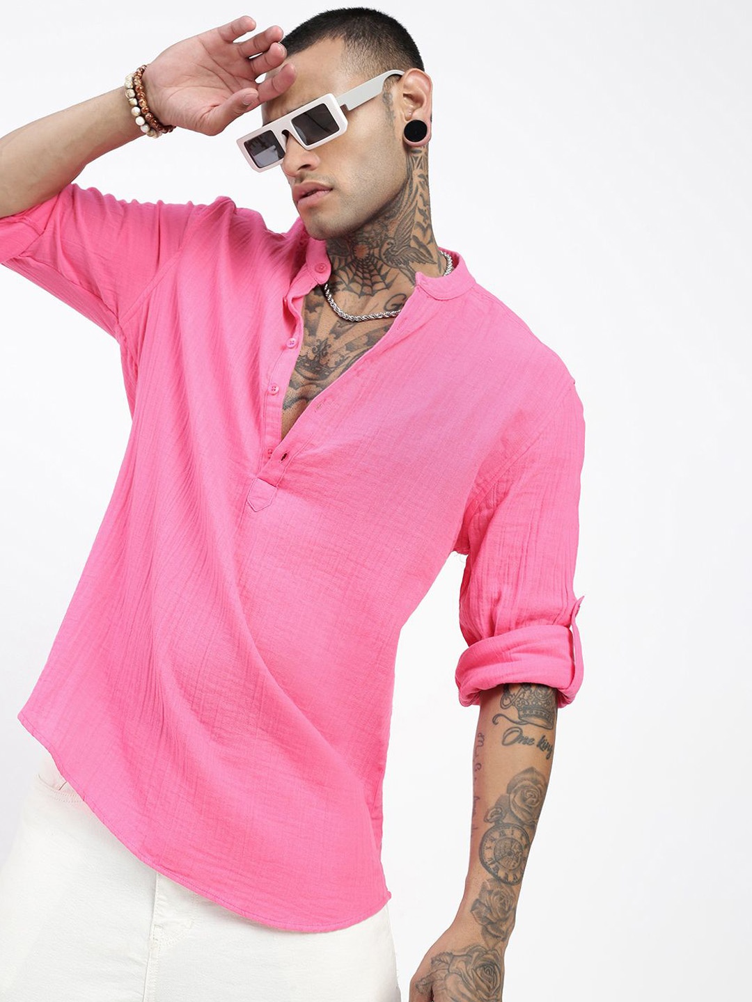 

SHOWOFF Men Band Collar Roll-Up Sleeves Opaque Casual Shirt, Pink