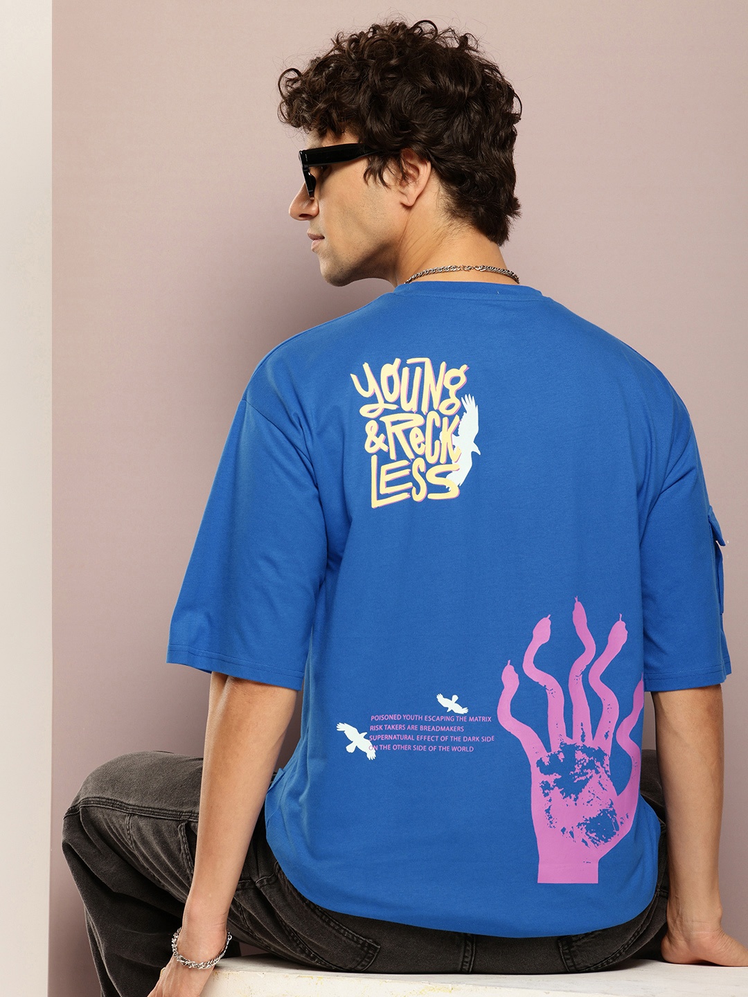 

Kook N Keech Men Printed Drop-Shoulder Sleeves Oversized T-shirt, Blue