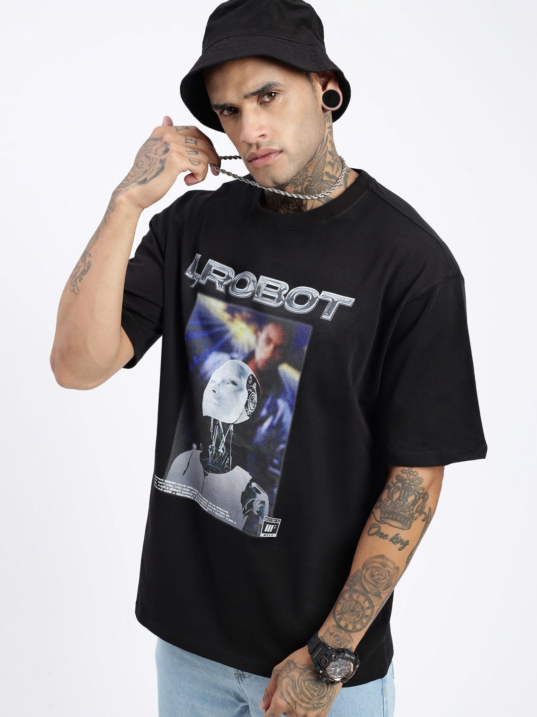 SHOWOFF Men Graphic Printed Round Neck Cotton Oversized T-shirt, Black
