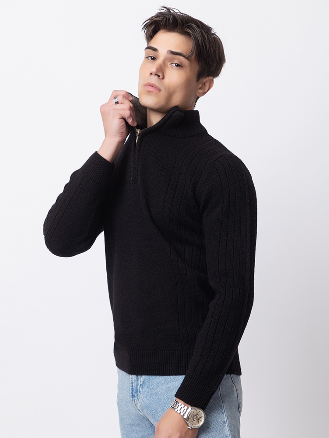 

ARMISTO Men Chunky Ribbed Half Zipper Woollen Pullover, Black