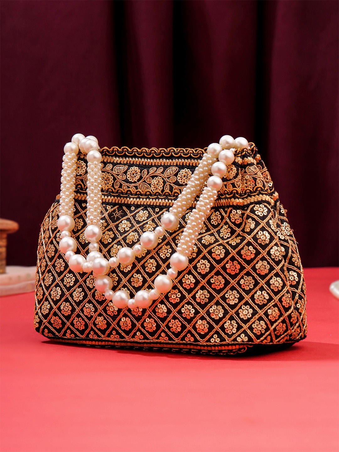 

Yellow Chimes Embellished Beaded Wristlet Potli Bag, Brown