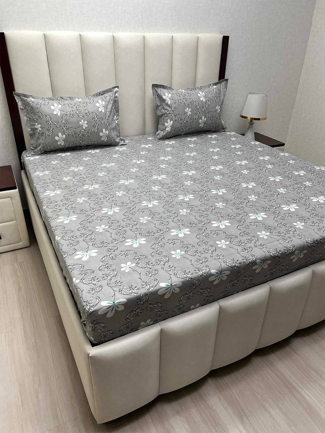 

Pure Decor Cotton Queen Size Double Bed Bedsheet With 2 Pillow Covers 2.28m X 2.54m, Grey