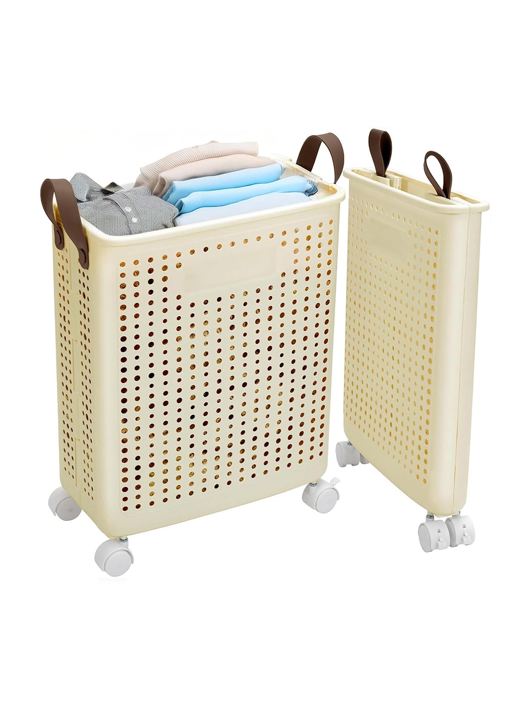 

HOUSE OF QUIRK Cream Textured Collapsible Laundry Basket With Wheels and Handle