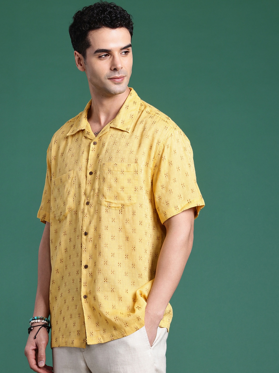 

Sangria Boxy Fit Opaque Self Design Textured Pure Cotton Casual Shirt, Yellow