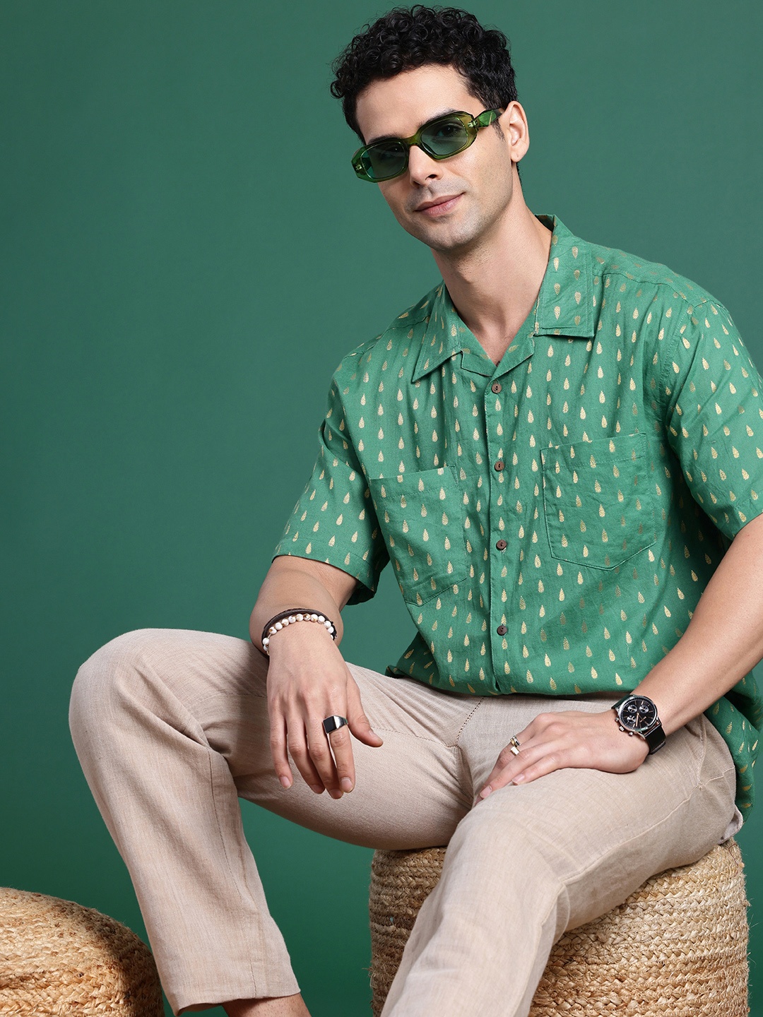 

Sangria Boxy Fit Opaque Self Design Textured Pure Cotton Casual Shirt, Green