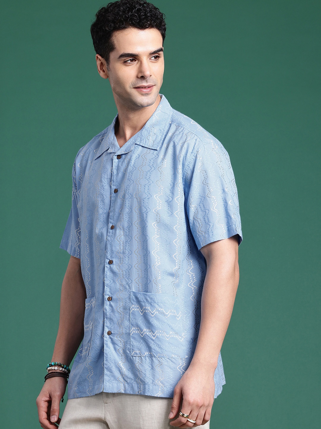 

Sangria Boxy Fit Opaque Self Design Textured Pure Cotton Casual Shirt, Blue
