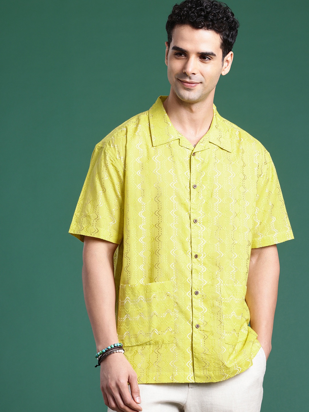 

Sangria Boxy Fit Opaque Self Design Textured Pure Cotton Casual Shirt, Yellow