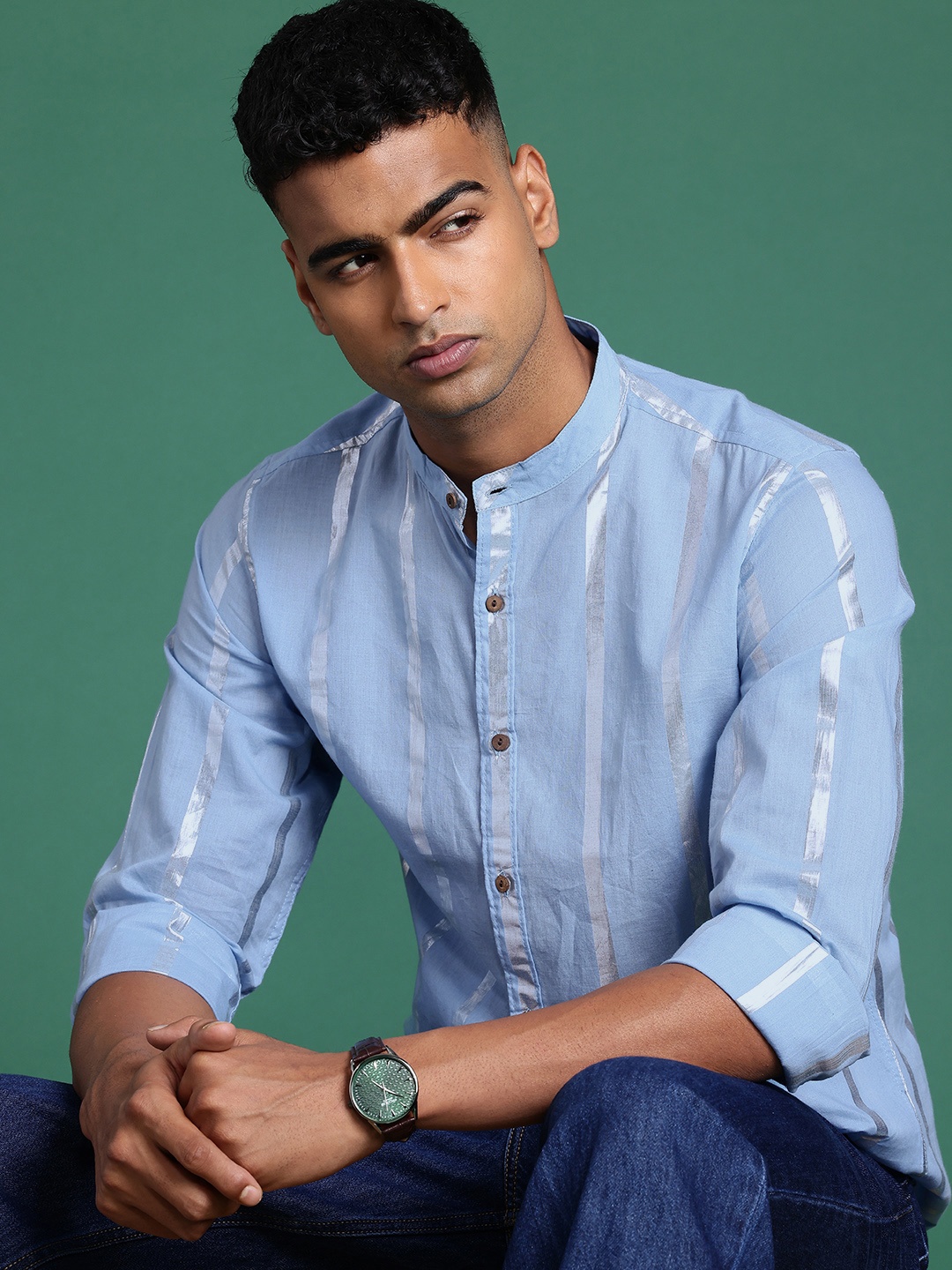 

Sangria Pure Cotton Vertical Striped Casual Shirt, Blue