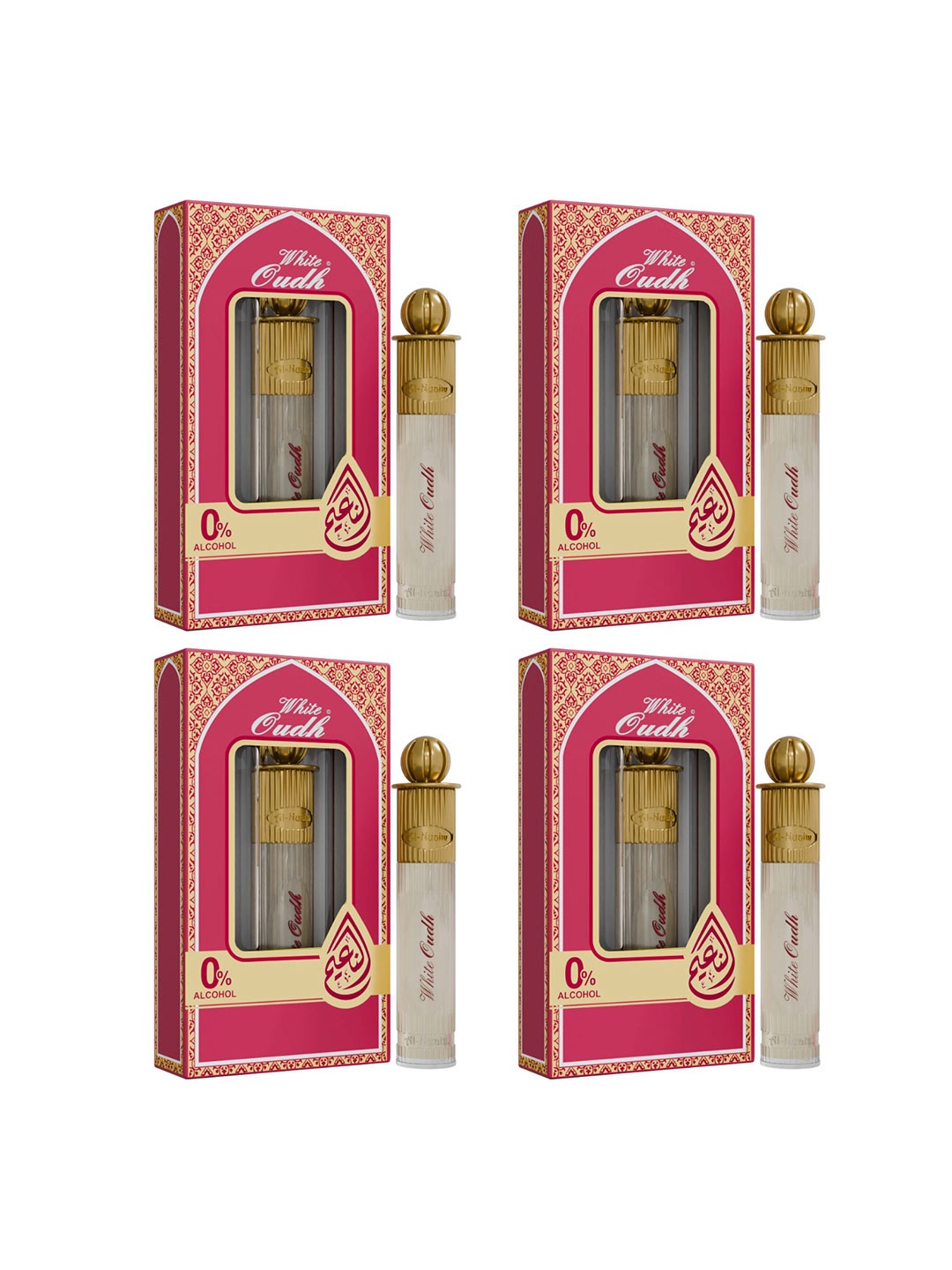 

Al-Nuaim Set of 4 Silver Series White Oudh Alcohol Free Attar - 6 ml Each, Pink