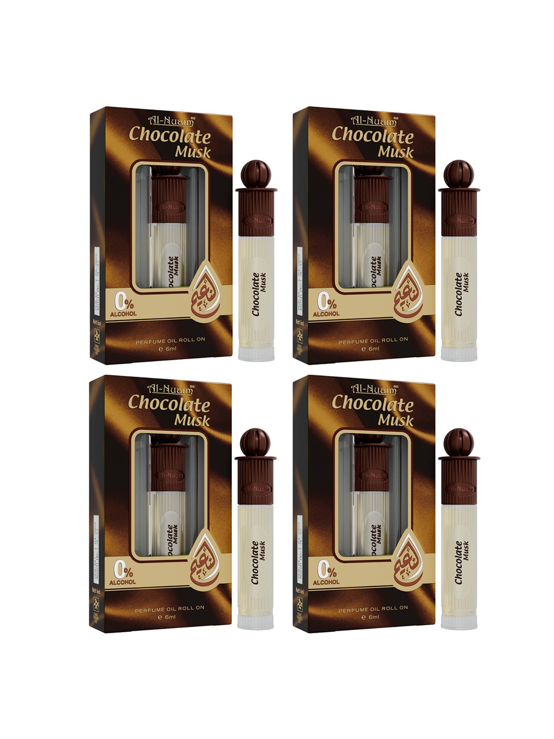 

Al-Nuaim Set Of 4 Silver Series Chocolate Musk Attar Roll-On - 6 ml Each, Brown