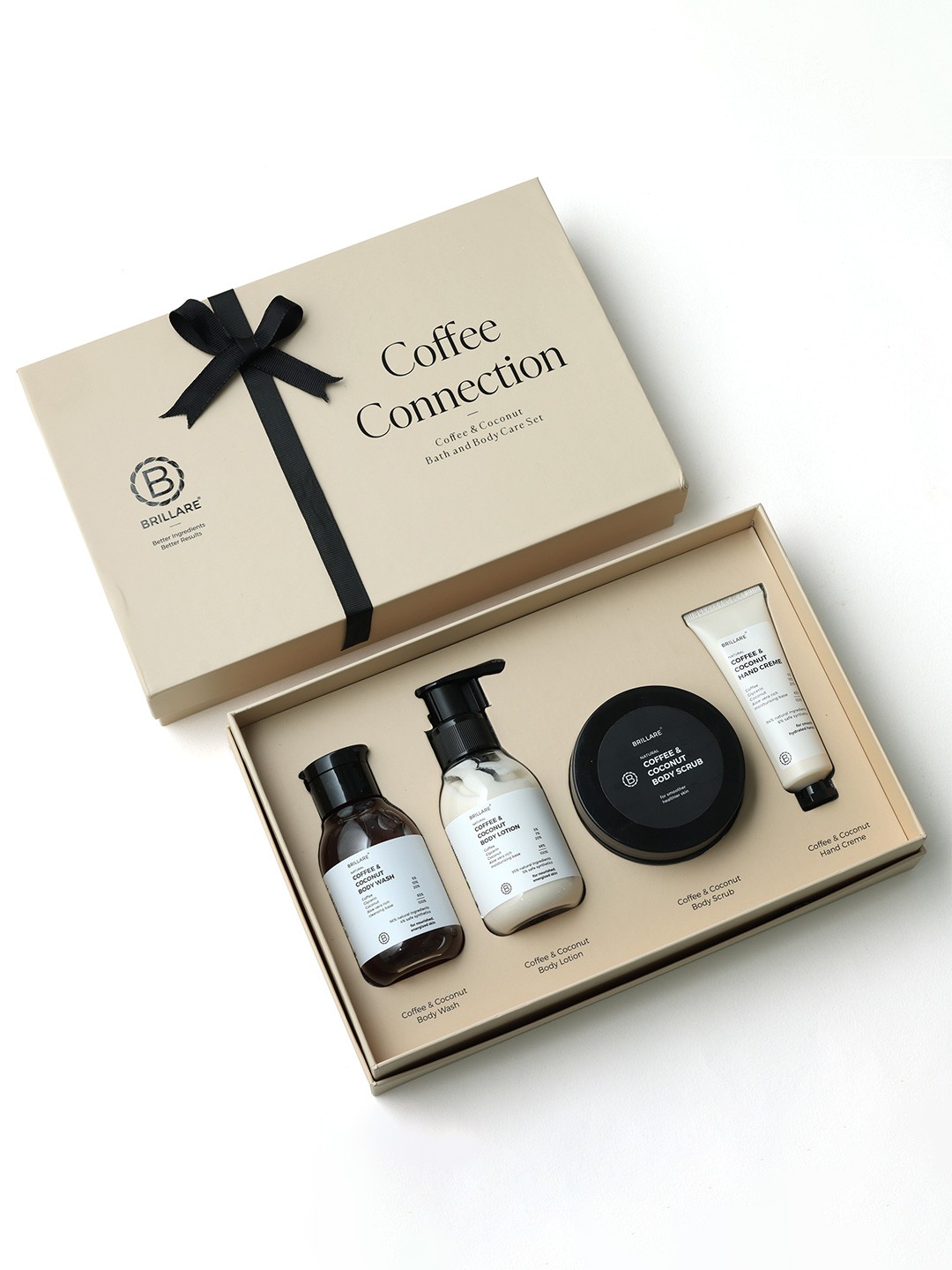 

BRILLARE Set Of 4 Coffee Connection Body Wash, Lotion, Scrub & Hand Cream Gift Box, Grey
