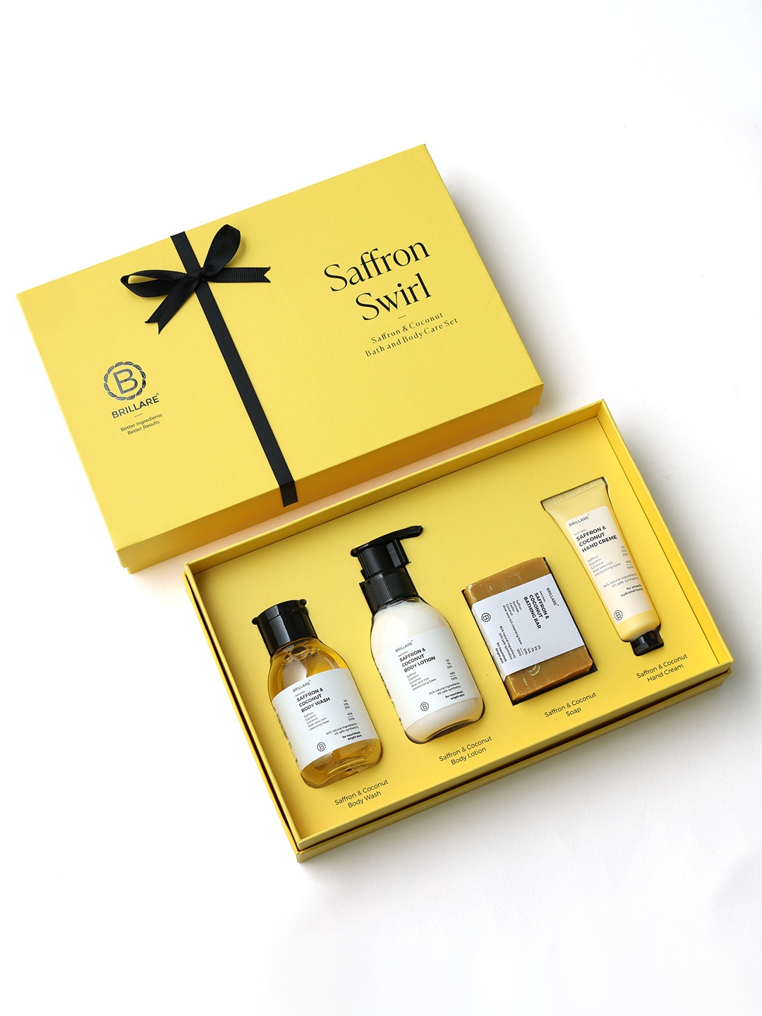 

BRILLARE Set Of 4 Saffron Swirl Saffron Body Wash, Body Lotion ,Soap & Hand Creme Gift Box, Yellow