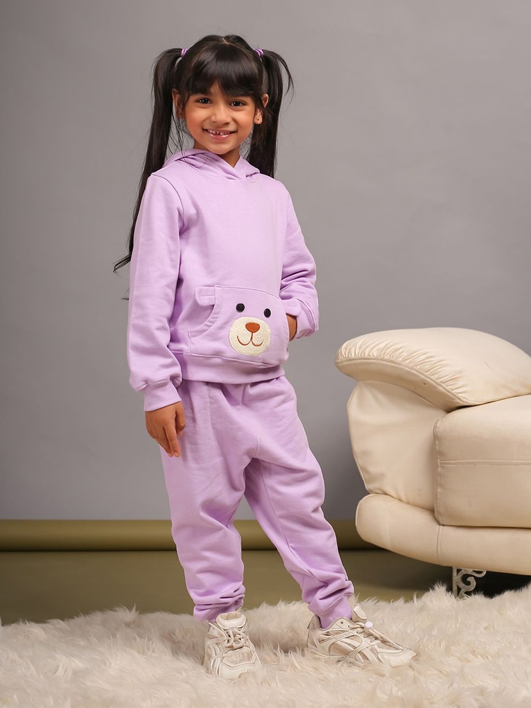 

Budding Bees Girls Cotton Fleece Hooded Sweatshirt With Joggers, Purple