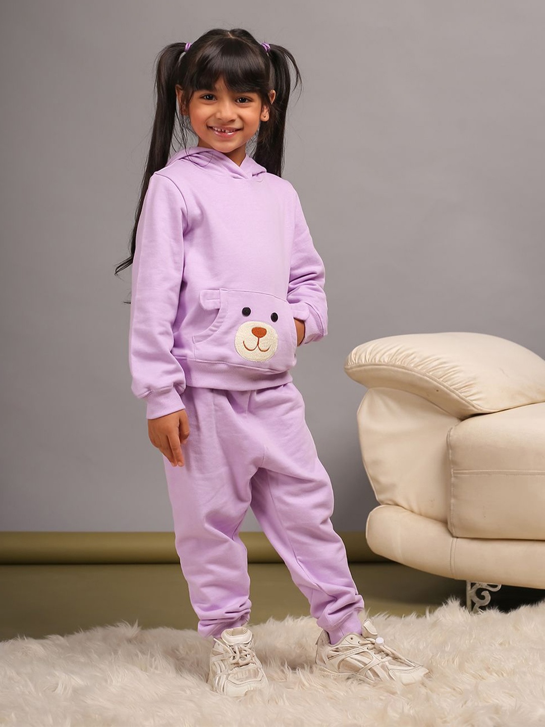 

Budding Bees Girls Bear Embroidered Hooded Cotton Fleece Sweatshirt With Joggers, Purple