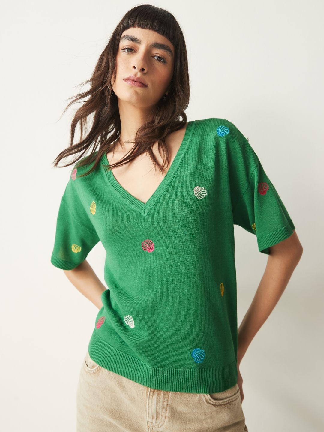 

NEXT Embellished Self Design Textured V-Neck T-shirt, Green