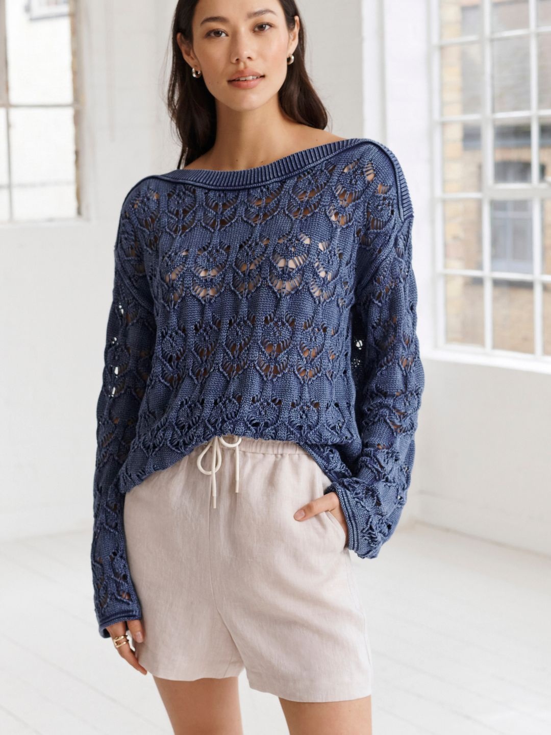 

NEXT Pure Cotton Open Knit Pullover Sweaters, Blue