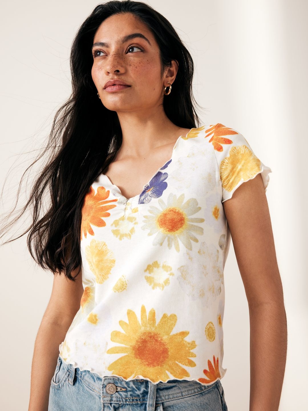 

NEXT Floral Printed Ruched Effect Pure Cotton T-shirt, Cream